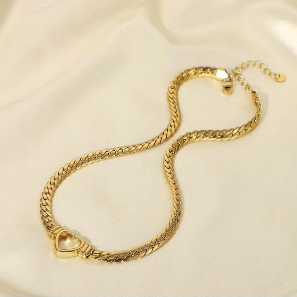 Cuban Chain Heart Necklace, Stainless Steel, 14K gold plated necklace